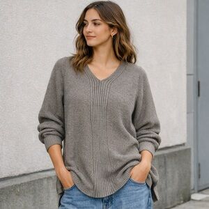 Lands’ End Gray Cotton V-Neck Sweater 1X/Oversized | Coastal | Grandpa Core |